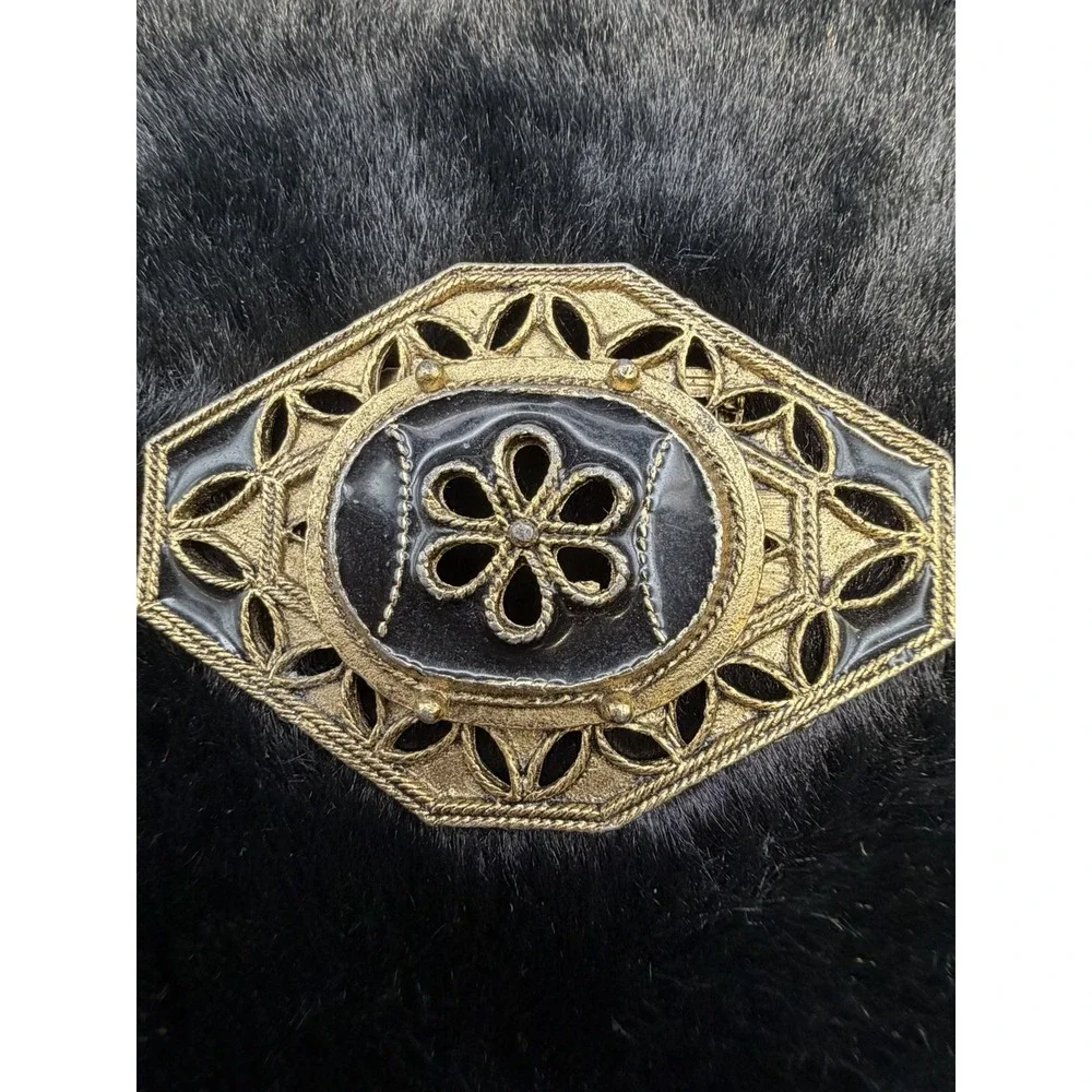 Black Enamel Brooch Gold‎ Tone Ornate Flower Scroll Design Vintage